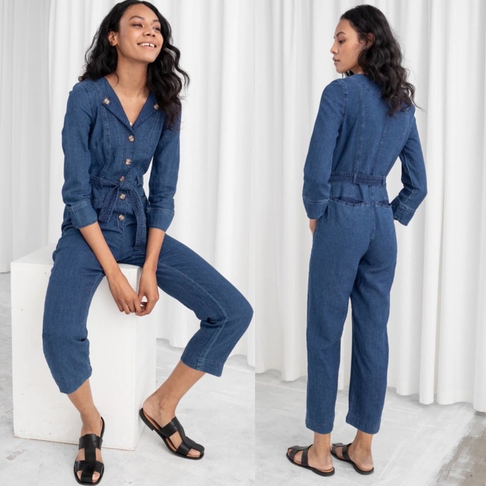 New & Other Stories Linen Blend Denim Button Down Jumpsuit Size 2